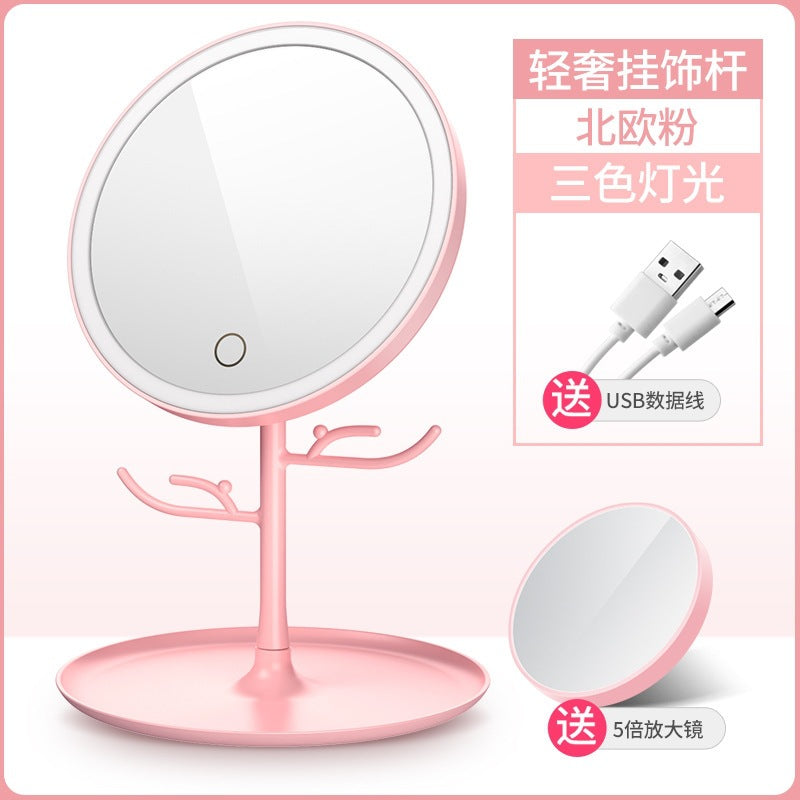 Led lighted makeup mirror, tri-color dimming, usb rechargeable, rotatable storage, girly plastic home glass mirror