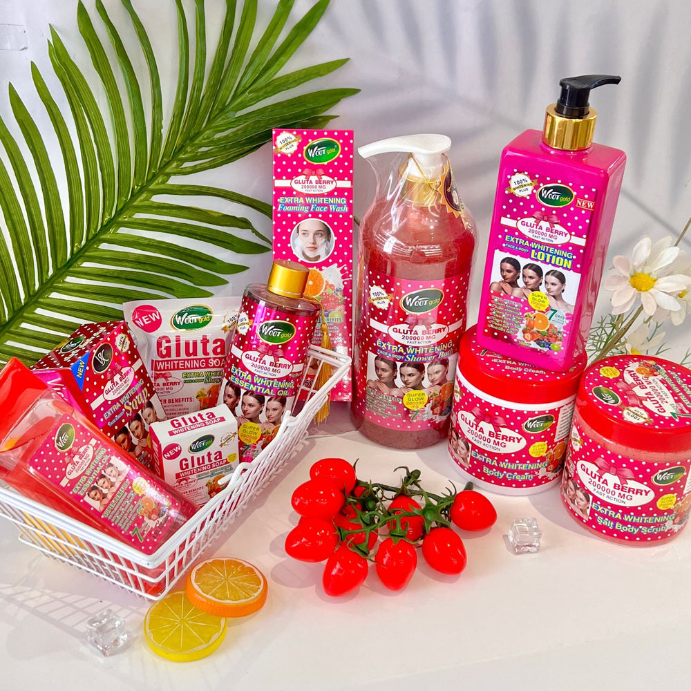 export glutathione skincare series: brightening oil, body lotion, face cream, bath salts, soap, and cleanser