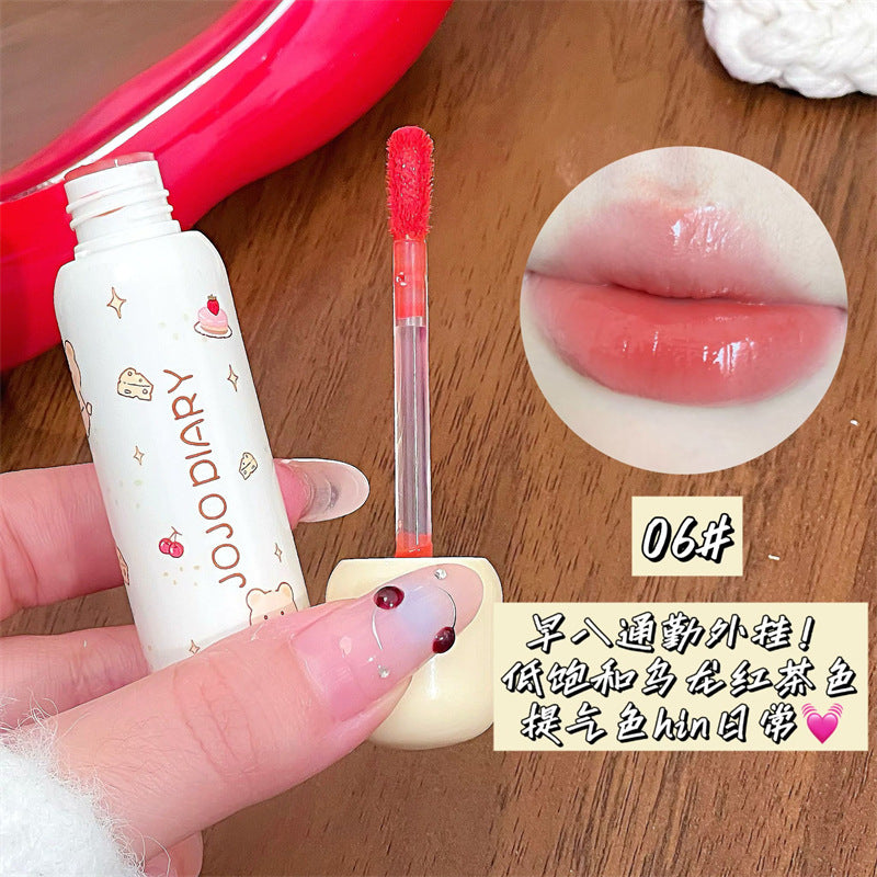 Jojo diary puff bear lip glaze clear watery glossy lips low saturation white student party lip gloss
