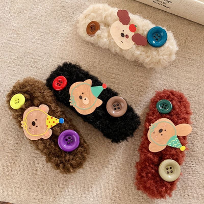 Cute plush button brown bear hair clip - girly heart bangs side clip - cartoon snap hair clip - hair accessories