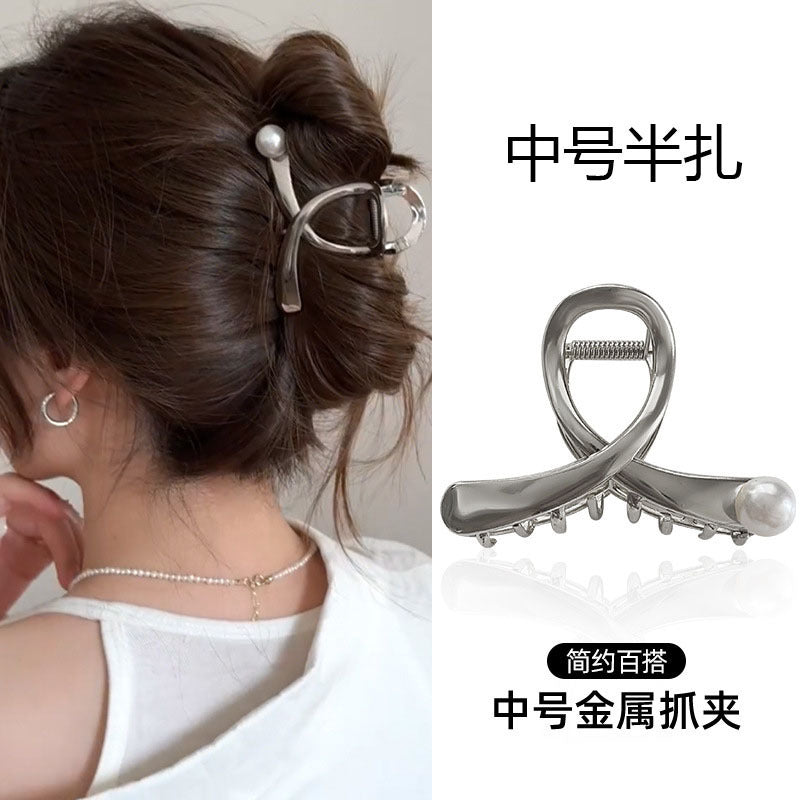 Metal cross pearl clip for women 2024 new arrivalclassy hair clip back of head medium shark clip hair headwear