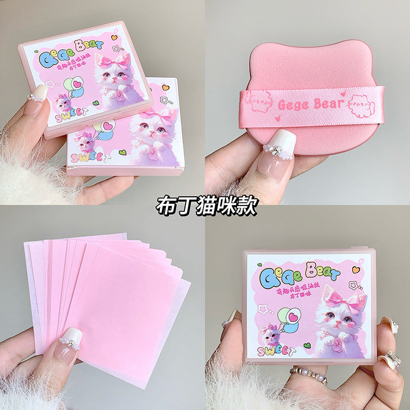 Gege bear cute cloud facial oil-absorbing sheets with built-in puff and makeup mirror - oil control, refreshing, portable for students