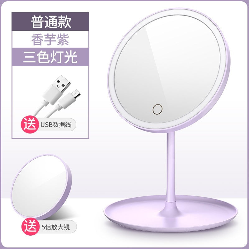 Led lighted makeup mirror, tri-color dimming, usb rechargeable, rotatable storage, girly plastic home glass mirror