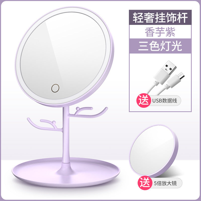 Led lighted makeup mirror, tri-color dimming, usb rechargeable, rotatable storage, girly plastic home glass mirror