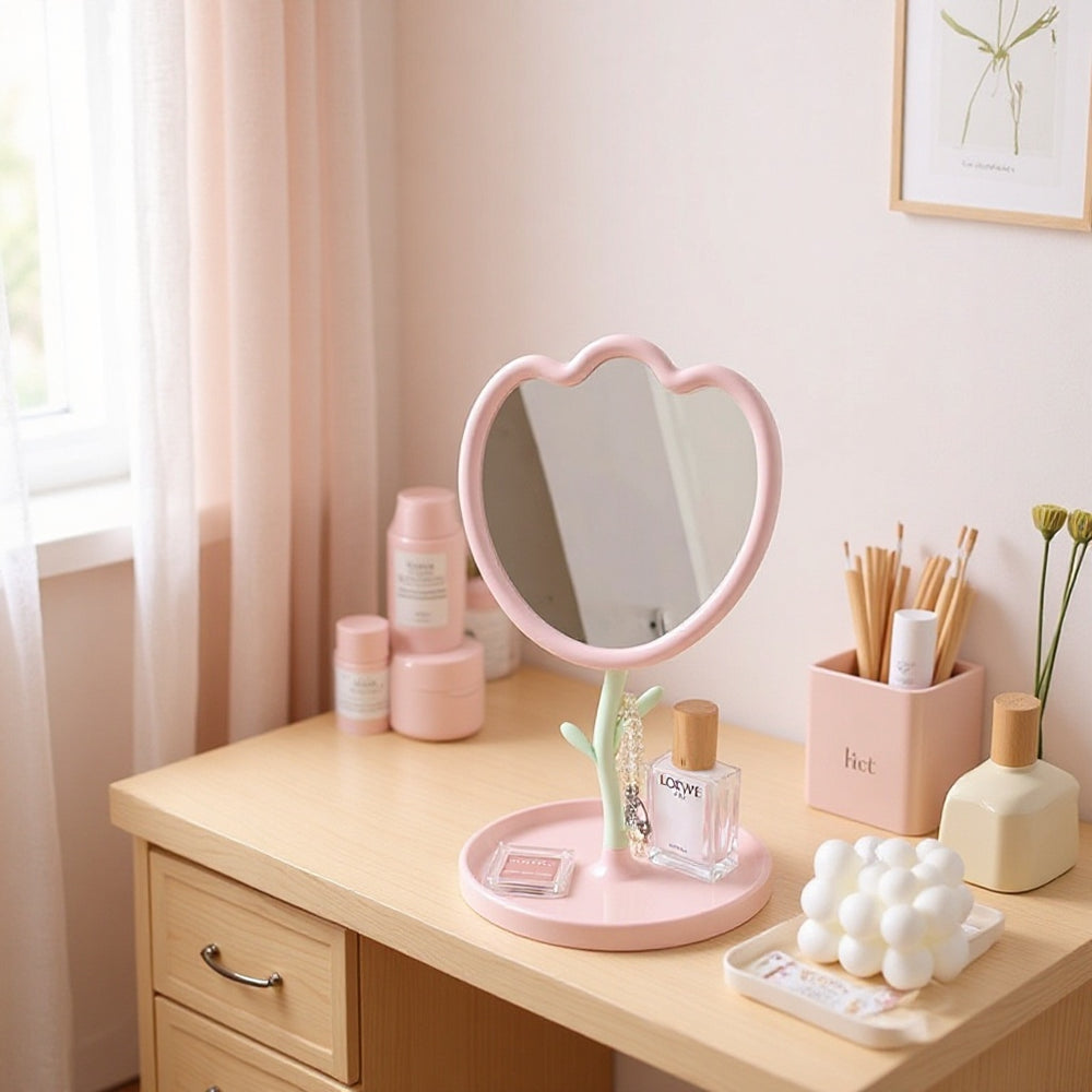 Tulip flower desktop makeup mirror - perfect for dorms, home, and vanity tables - includes storage - plastic mirror