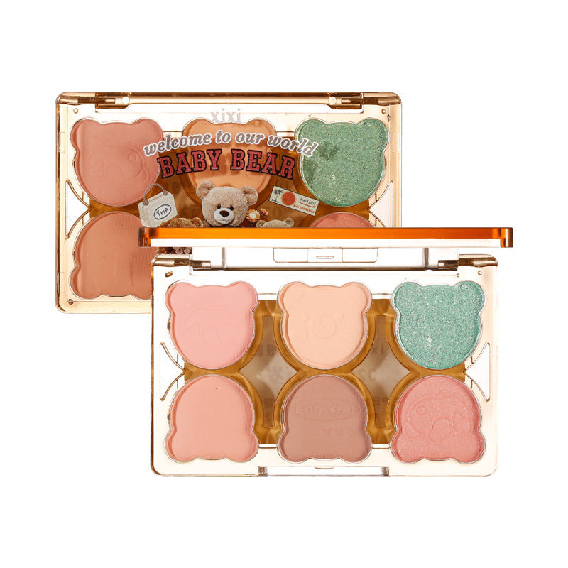Makeup xixi working bear six-color eyeshadow palette cool diamond pink purple blue contrast color imitation makeup smoky eye makeup