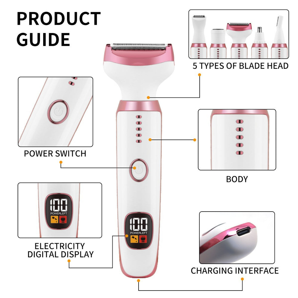 Multifunctional electric hair trimmer - 5-in-1 digital display hair clipper for women's body and intimate area hair removal