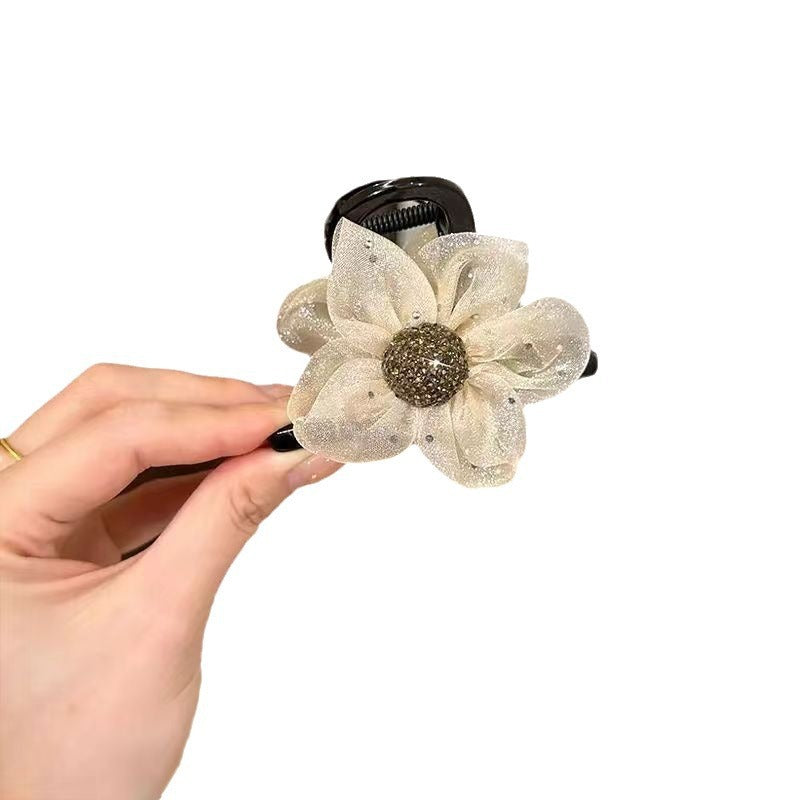 Mesh rhinestone flower clip for women 2024new arrival shark clip half-tied high ponytail hair clip bun hair accessories