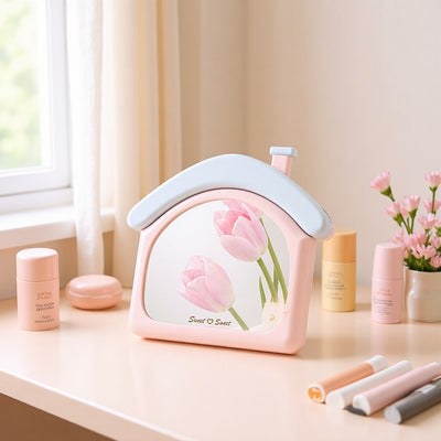 Portable vanity mirror with storage - desktop plastic makeup mirror, single-sided, freestanding or wall-mountable, color block design