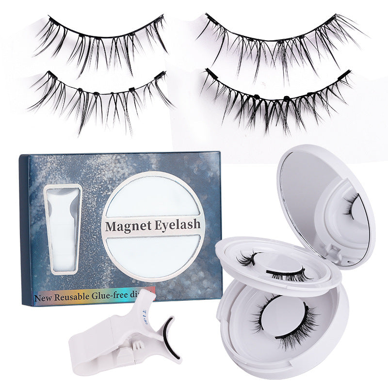 Pingdu magnetic false eyelashes all-in-one box cross-border fashion thick 2 pairs black stem eyelash curler set factory wholesale
