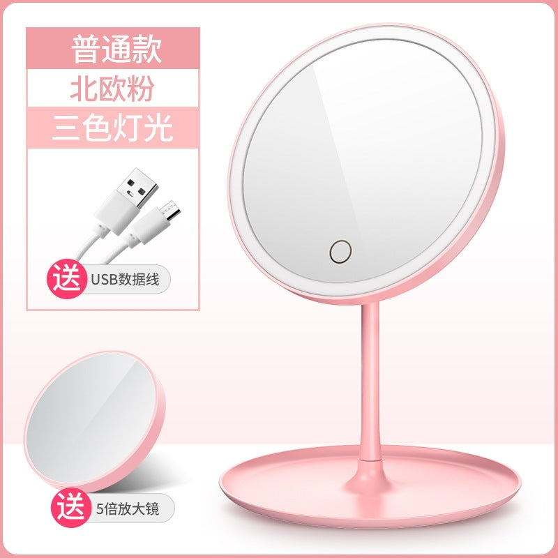 Led lighted makeup mirror, tri-color dimming, usb rechargeable, rotatable storage, girly plastic home glass mirror
