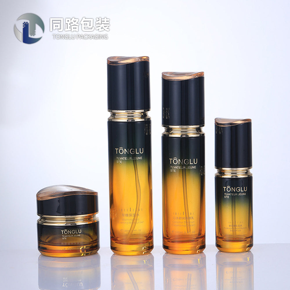 Ready-to-ship cosmetic glass bottles and packaging materials, including 100ml lotion and serum dispensing bottles with pump heads, and 50g eye cream jars