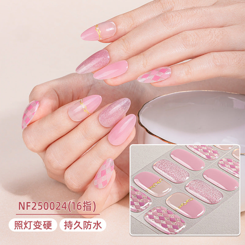 Zhengxiang cross-border gel manicure stickers cartoon cute waterproofgrids pattern flash japanese and korean uv half-baked nail stickers ins