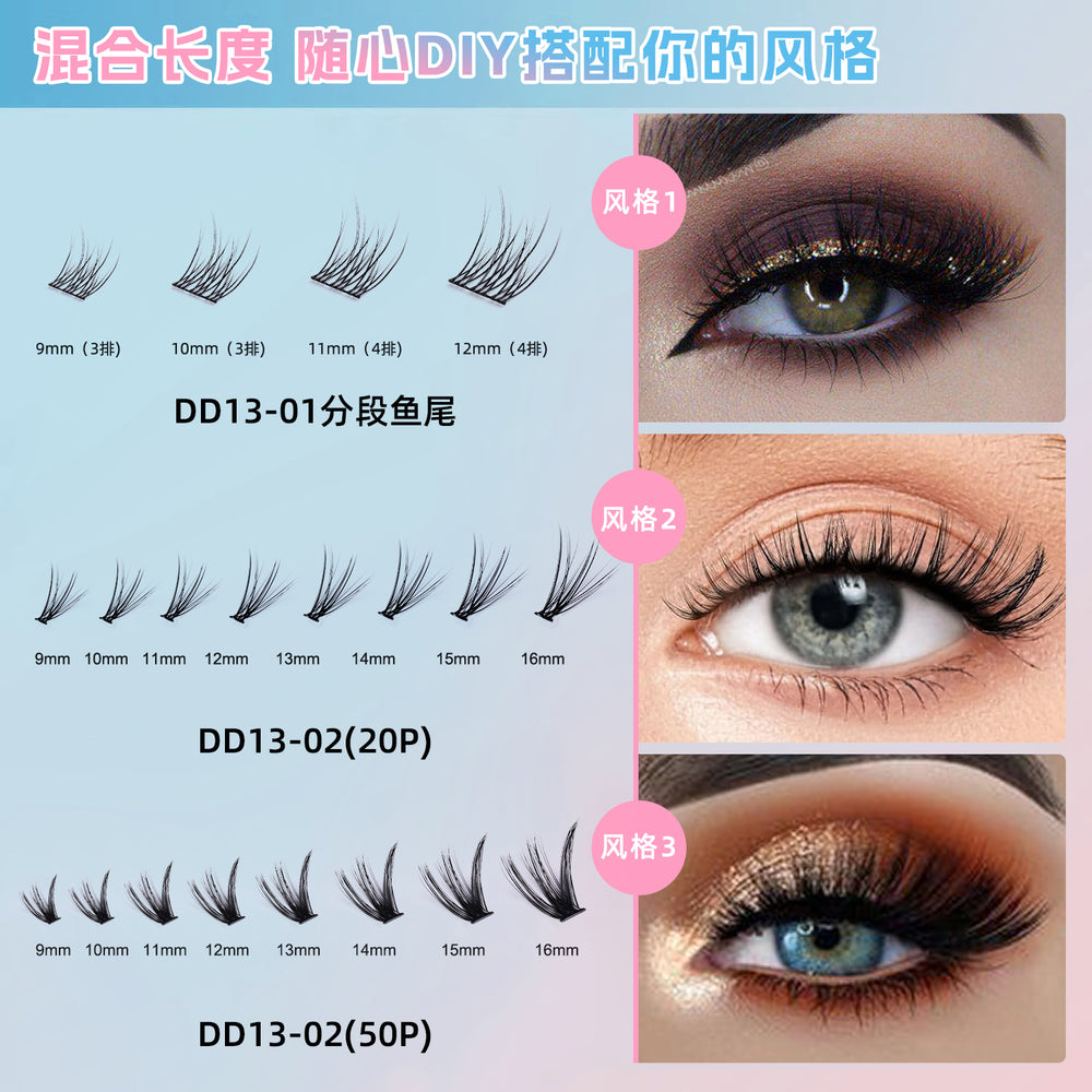 popular european and american false eyelashes diy segmented eyelashes single cluster glue style chemical fiber thick cluster eyelashes set