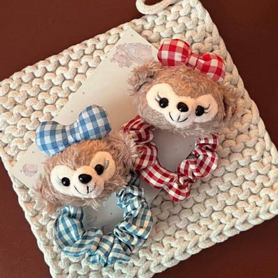 Cute duffy bear & shelliemay hair tie - red plaid hair rope - sweet & girly hair accessories for girls - trendy ins style