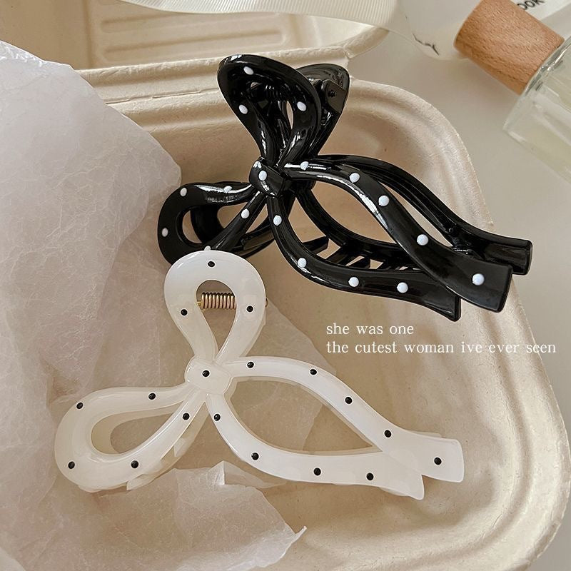 New arrival black and white polka dot ribbon bows large gripper sweetfashion back head plate shark clip fashion gripper