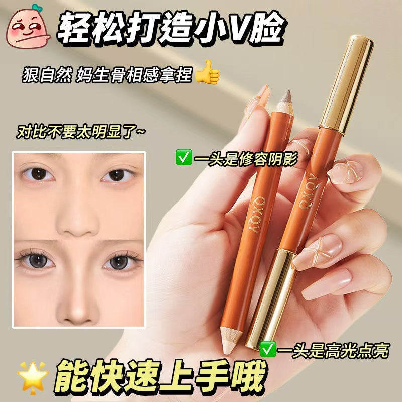 Qxqy stereo double-ended contouring pen to brighten shadows and modify the bridge of the nose, long-lasting and non-removing matte highlighter and contouring in one