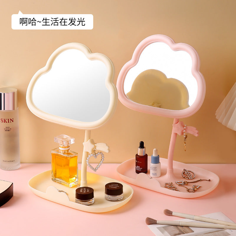 Cute cloud makeup mirror - rotatable desktop tabletop plastic storage for student dorms, home, and glass mirror