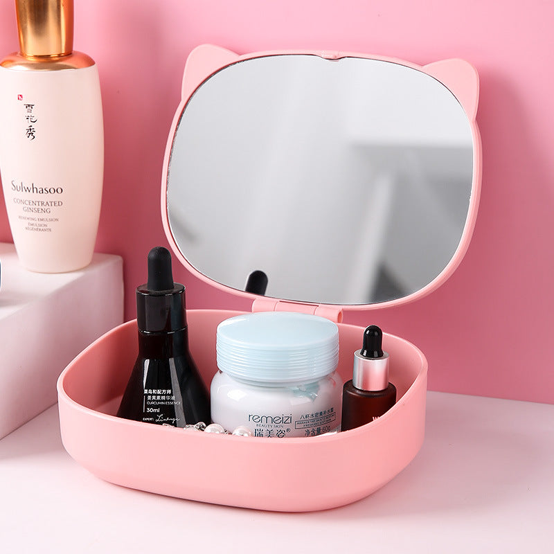 Cat ear storage makeup mirror plastic for home desktop foldable portable home cute travel all-in-one glass mirror