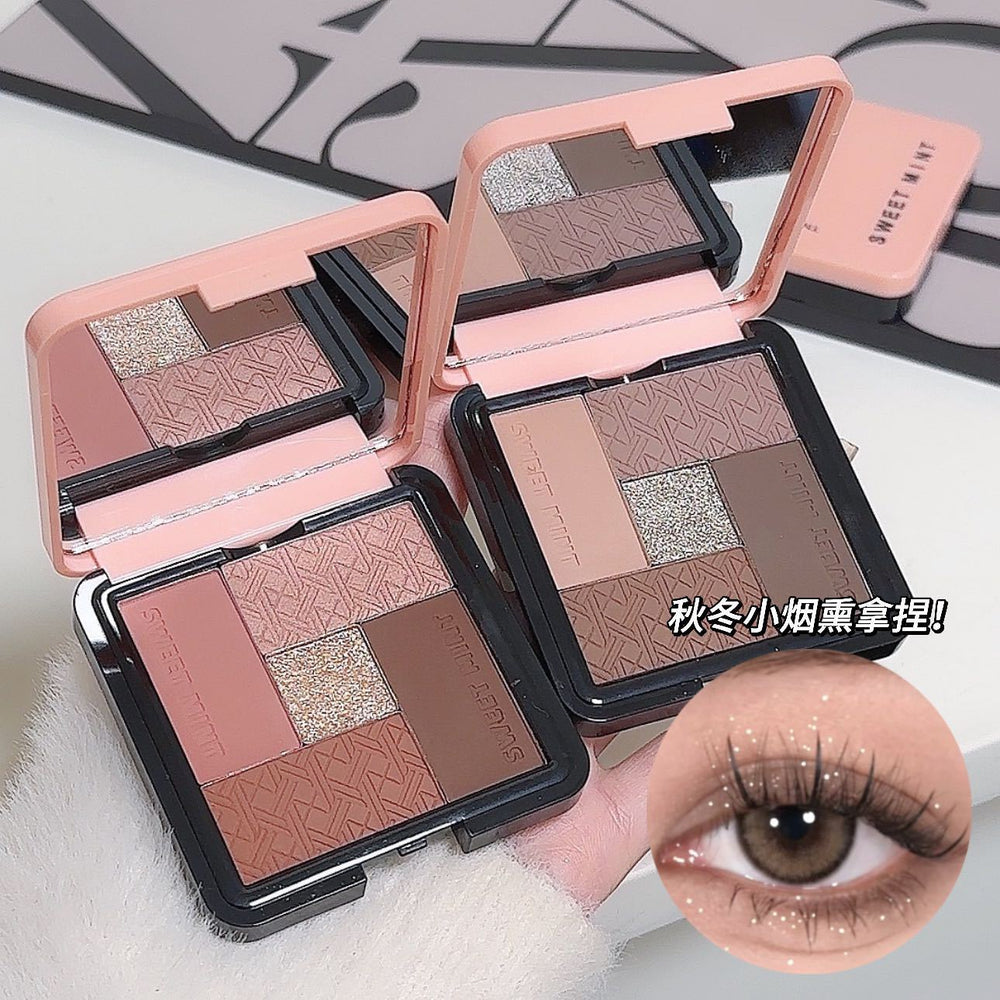 Sweet mint five-color eyeshadow palette - shimmer, matte, highlight, and contour all-in-one - beginner-friendly earth tone eyeshadow
