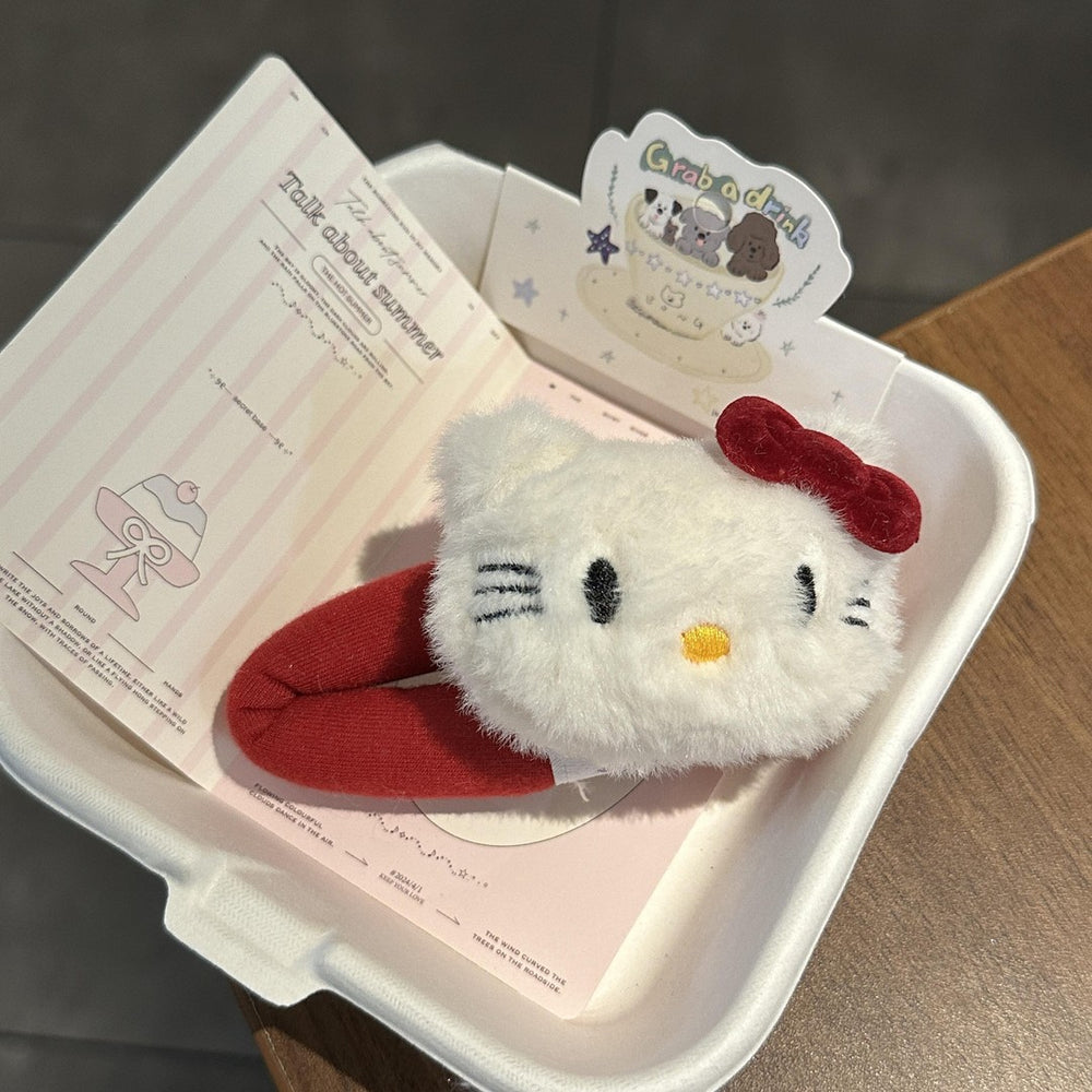 Cute plush kitty hair clip angora red bow hair tie bangs clip cartoon bb clip hair accessories for women