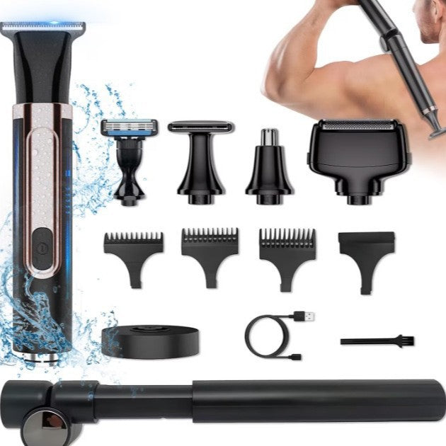 4-in-1 men's grooming kit: back shaver, folding telescopic pole, hair trimmer, razor, and nose hair trimmer