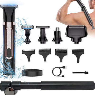 4-in-1 men's grooming kit: back shaver, folding telescopic pole, hair trimmer, razor, and nose hair trimmer