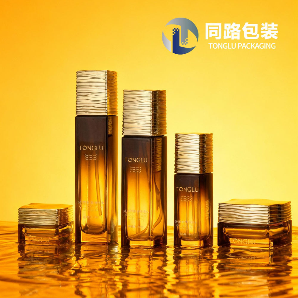 Customizable square water ripple lid glass bottle set packaging for skincare products: includes lotion, essence, cream, and serum glass bottles