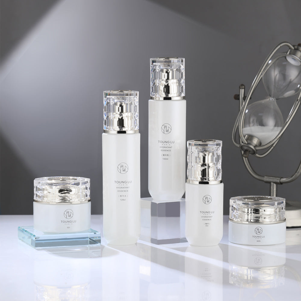 New cosmetic glass bottle set packaging: 120ml lotion/essential oil glass bottles & 30g cream/emulsion sample vials
