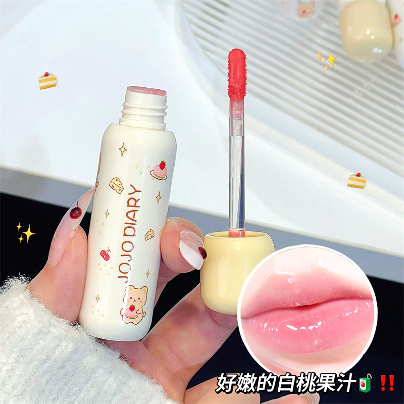 Jojo diary puff bear lip glaze clear watery glossy lips low saturation white student party lip gloss