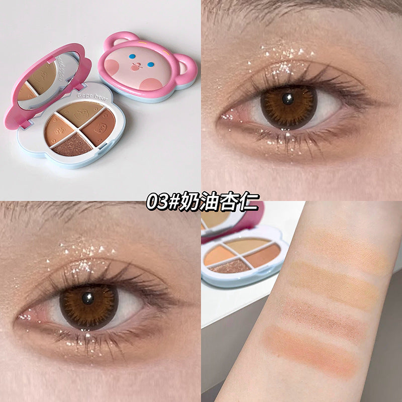 Gege bear cute fantasy eyeshadow palette - four colors: shimmer, matte, soft & sultry, milk tea, and earth tones