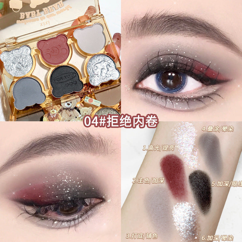 Makeup xixi working bear six-color eyeshadow palette cool diamond pink purple blue contrast color imitation makeup smoky eye makeup