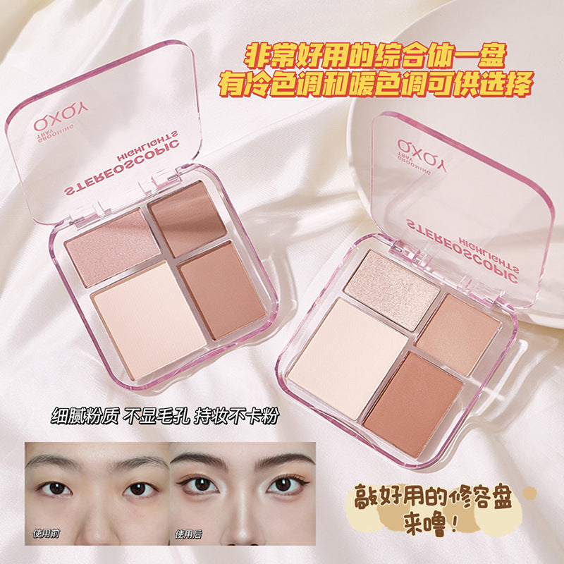 Makeup stereo highlighter palette four-color all-in-one palette matte wet powder brightening and modification nose shadow light makeup eye shadow makeup