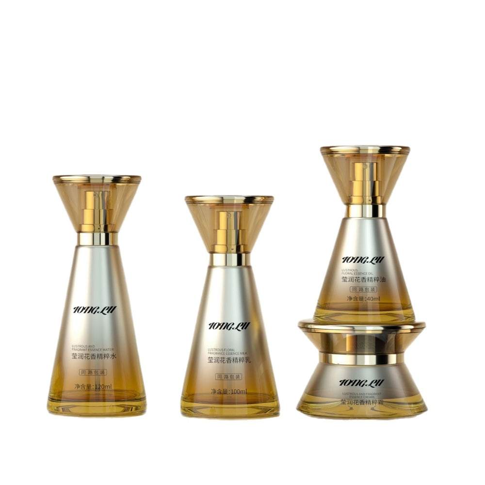 New cosmetic glass bottle set packaging: 120ml lotion & essential oil glass bottles, 50g cream & balm sample containers