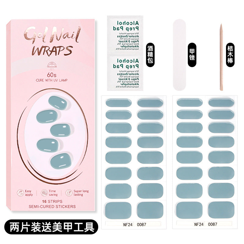 Zhengxiang custom gel nail stickers solid color 32 fingers two-piece set korean uv light semi-cured nail stickers waterproof