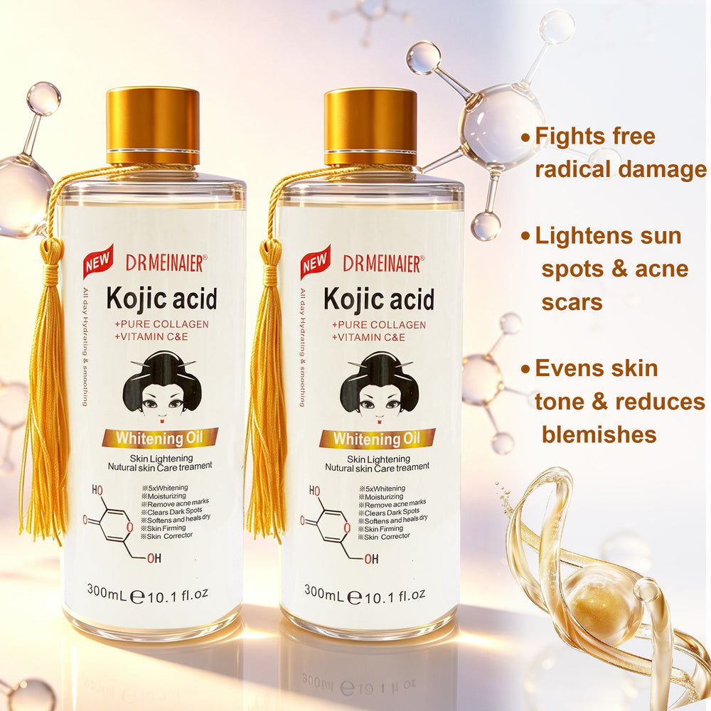 kojic acid essence oil 300ml with collagen, vitamin c & a - facial, body, hair, and skin care brightening massage oil