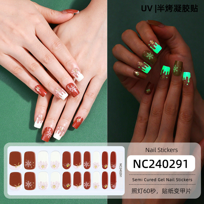 Zhengxiang christmas gel nail art stickers waterproof cartoon fluorescent cross-border fashionuv semi-cured nail stickers luminous