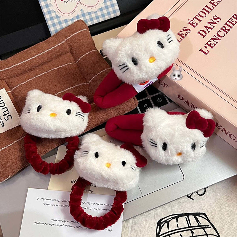 Cute plush kitty hair clip angora red bow hair tie bangs clip cartoon bb clip hair accessories for women